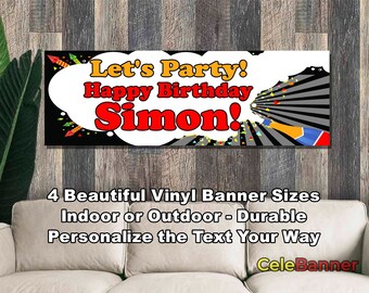Banner de feliz cumpleaños, 4 tamaños, vinilo personalizado para decoración de fiestas en interiores y exteriores, nombre y edad personalizados, CB121