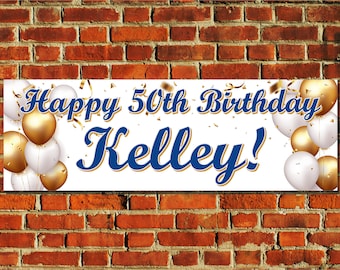 Birthday Banner, White Gold Balloons, Custom Text (4 Sizes Available), BB141