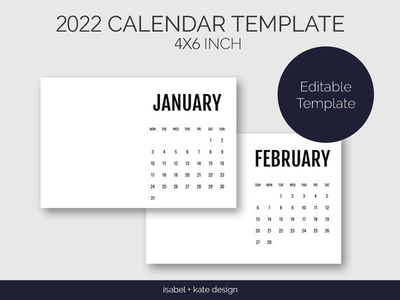 2022 calendar template editable 4x6 inch 12 month etsy new zealand