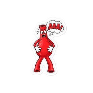 Peut inclure: Un autocollant de dessin animé représentant un vaisseau sanguin rouge vif avec une section médiane large et bombée. Le personnage a une expression choquée, des gants blancs et une bulle contenant le texte rouge AAA! en police comique.