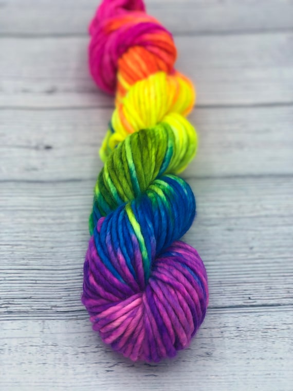 Hand Dyed Variegated Fluorescent Neon Rainbow Sock, Dk, Bulky