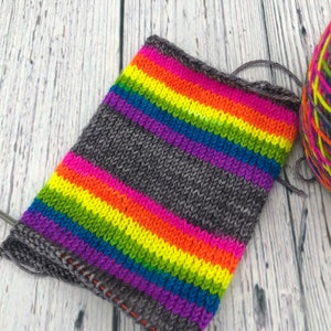 Hand dyed self striping grey, fluorescent rainbow sock yarn image 4