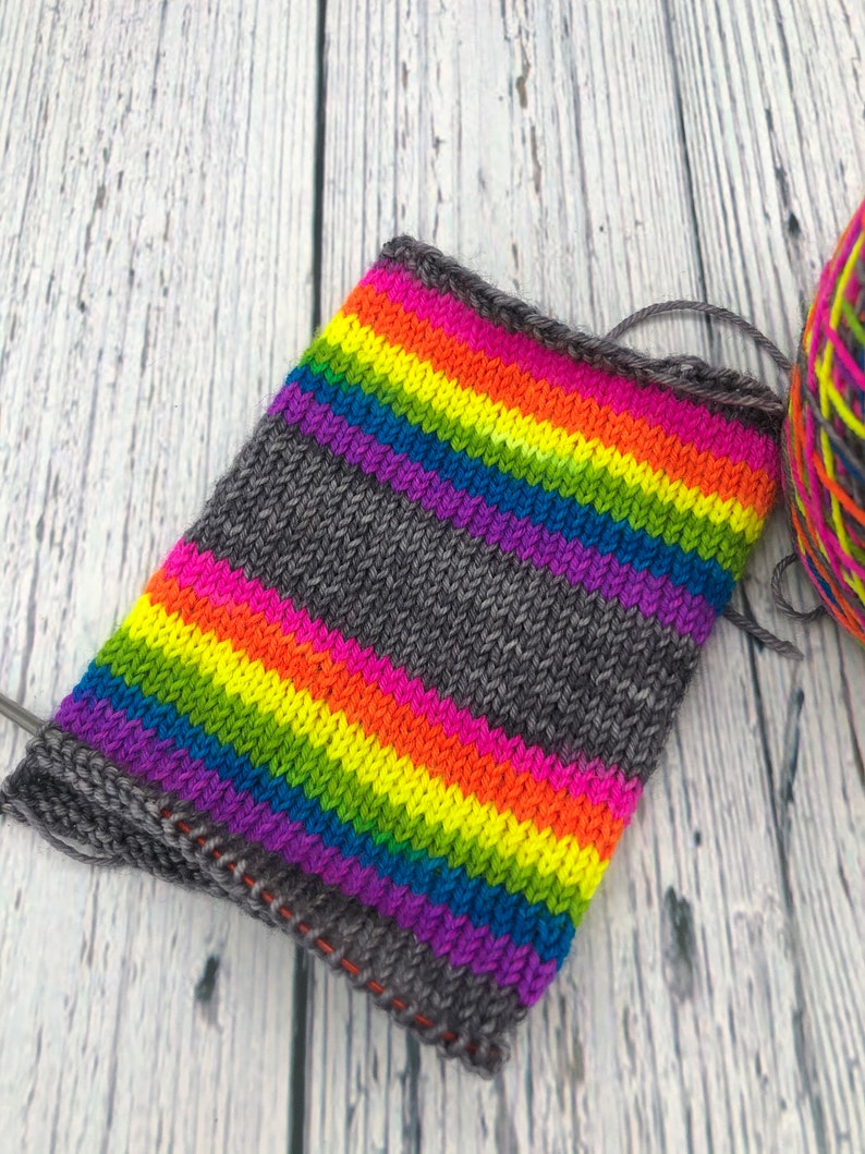 Hand dyed self striping grey, fluorescent rainbow sock yarn image 4