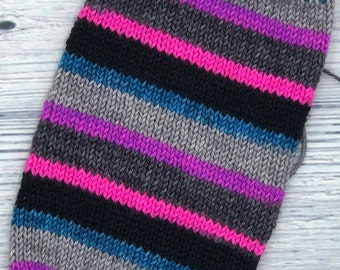 Hand dyed self striping sock yarn pink, purple, blue, black, grey