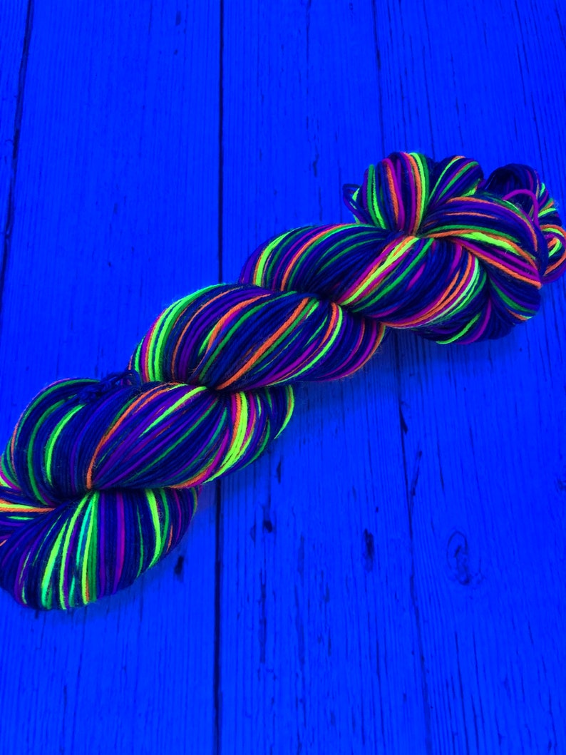 Hand dyed self striping grey, fluorescent rainbow sock yarn image 7