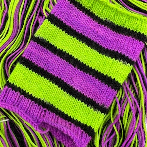 Hand dyed fluorescent, neon, green, purple and black self striping sock yarn “Acidic”