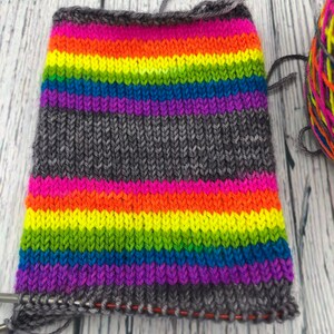 Hand dyed self striping grey, fluorescent rainbow sock yarn image 6