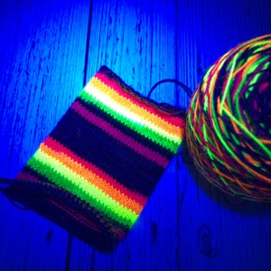 Hand dyed self striping grey, fluorescent rainbow sock yarn image 3