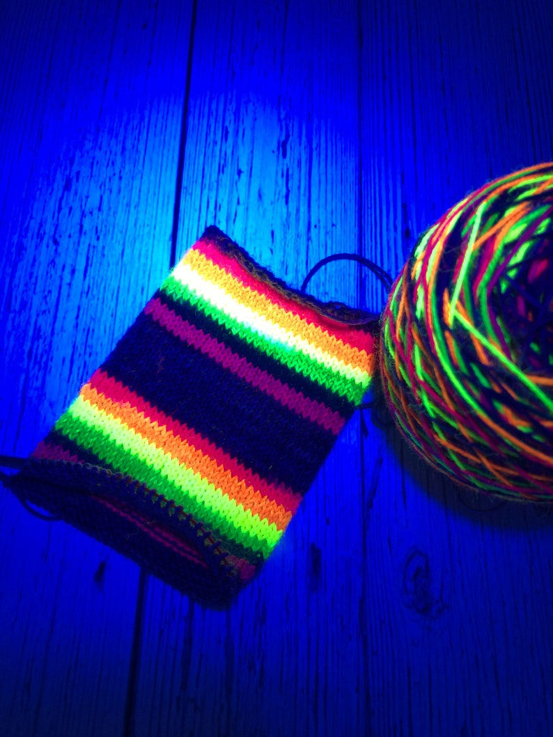 Hand dyed self striping grey, fluorescent rainbow sock yarn image 3