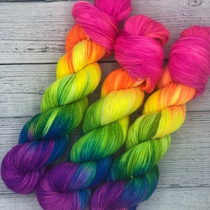 Hand dyed variegated fluorescent neon rainbow sock, dk, bulky, super bulky yarn