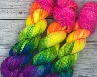 Hand dyed variegated fluorescent neon rainbow sock, dk, bulky, super bulky yarn