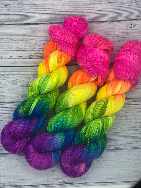 Hand Dyed Variegated Fluorescent Neon Rainbow Sock, Dk, Bulky, Super Bulky  Yarn 