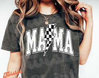Mommy Mama Comfort Colors® Shirt - Mama Lightning Bolt Checkered WHT Shirt - Mother's Day Retro Boho Tee & Sweatshirt #FS-228-WID