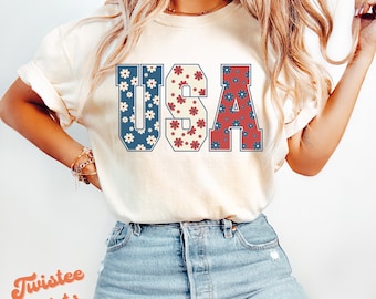 4th of July Comfort Colors® Shirt - USA Floral Flowers Shirt - Independence day Women Tee & Sweatshirt #310-WID