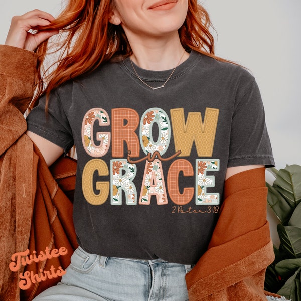 Christian Comfort Colors® Shirt - Faux Embroidery Grow Grace Shirt - Womens Christian Religious Tee & Sweatshirt #FS-346-WID