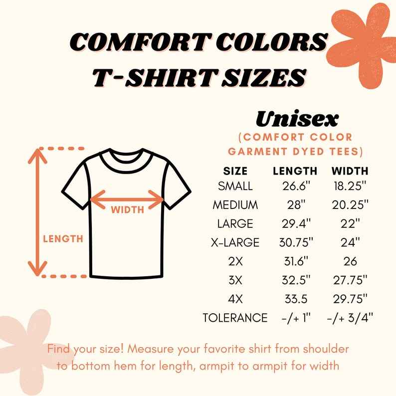 May include: A chart showing unisex t-shirt sizes with length and width measurements in inches. The chart includes sizes from small to 4X. The chart also includes a tolerance of +/- 1 inch for length and +/- 3/4 inch for width.