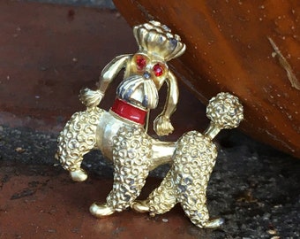 Vintage Poodle Brooch Pin, Gold Tone, Red Rhinestone Eyes & Red Enamel Collar, French Poodle Dog, Dog Jewelry, Lapel Pin, Statement Piece