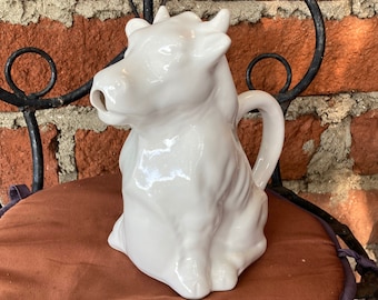 Vintage Lg White Cow - Bull Pitcher, Jug, Vase, Planter, Utensil holder, Jersey, Angus, Holstein, Hereford, Highland, Apilco, Pillivuyt