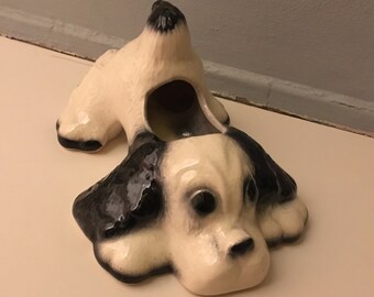Vintage Planter Cocker Spaniel Dog 1950's Mint Mid Century, Doggie Planter, Retro planter, Black and White dog, puppy, spaniel. Home decor
