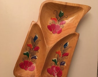 12.5x7 Mid Century Solid Wood Hand Painted Leaf Bowl Large - Tiki Polynesian Hawaiian Vintage, Summer time entertaining, backyard parties