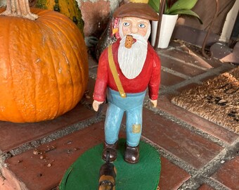 Hand Carved Folk Art, Tramp Art, Primitive Art by Jim Pringle (signed), One of a kind, Country Man and dog, Hunting, Hound dog, American