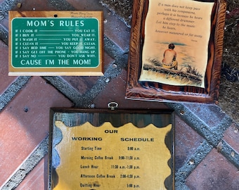 3 lot/set of 1970's wood signs, mid century modern, burnout sign, Thoreau, Knott's Berry Farm, Mom's Rules, paneling, bar signs, rumpus room