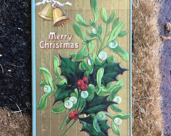 Rare carte postale de Noël en relief en or allemand de 1910 de gui - Joyeux Noël" Éphémères de vacances, décor de vacances, décor de Noël, Noël