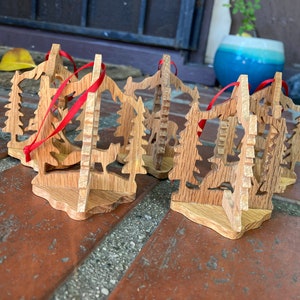 Set of 5 Hand Made Vintage Wooden 3d Diorama Holiday Ornaments Forest Friends, Fox, Duck, Horse, Deer/Stag, Moose in Evergreens,