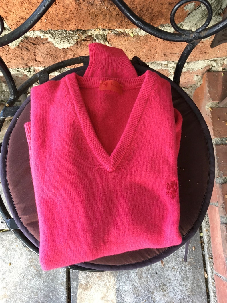 May include: A pink v-neck sweater with a small embroidered logo on the right side.