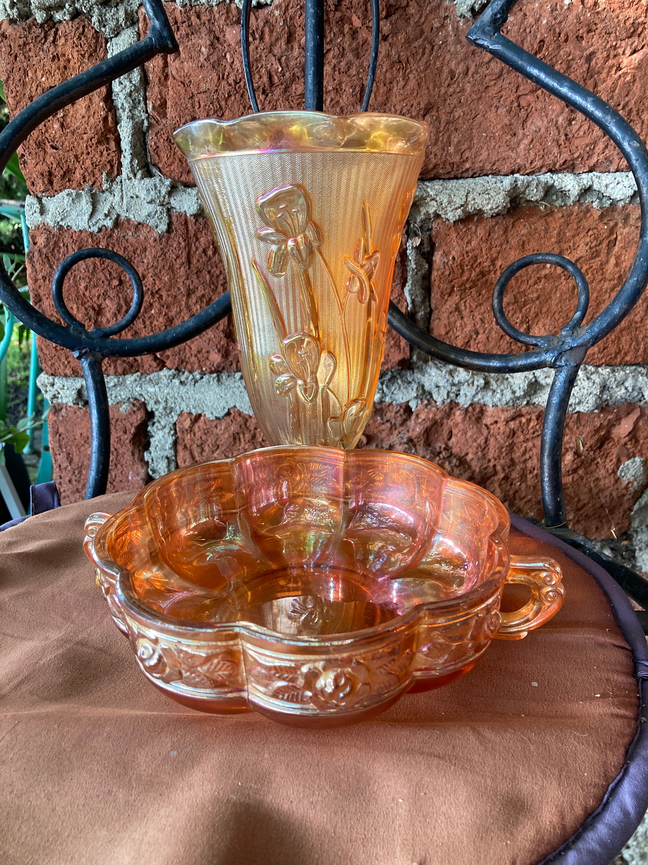 Set of 2 Fenton Carnival Glass Pedestal Nappy Dish Rose Border