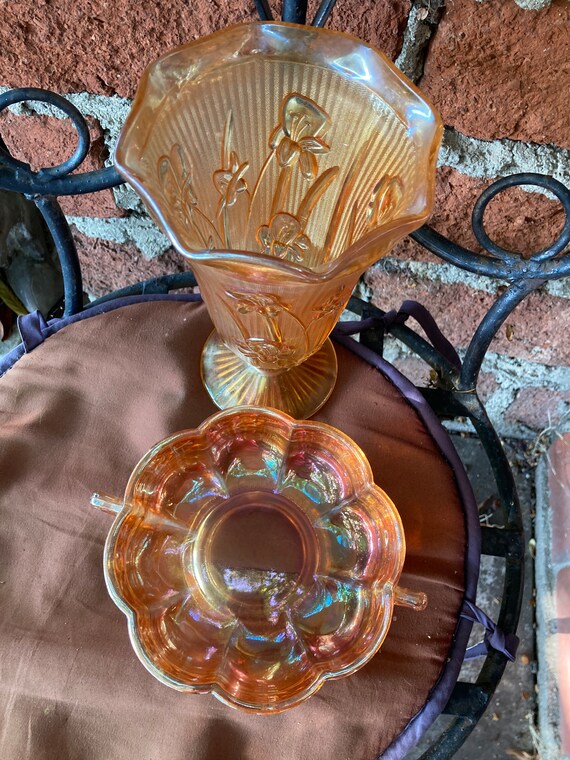 Set of 2 Fenton Carnival Glass Pedestal Nappy Dish Rose Border