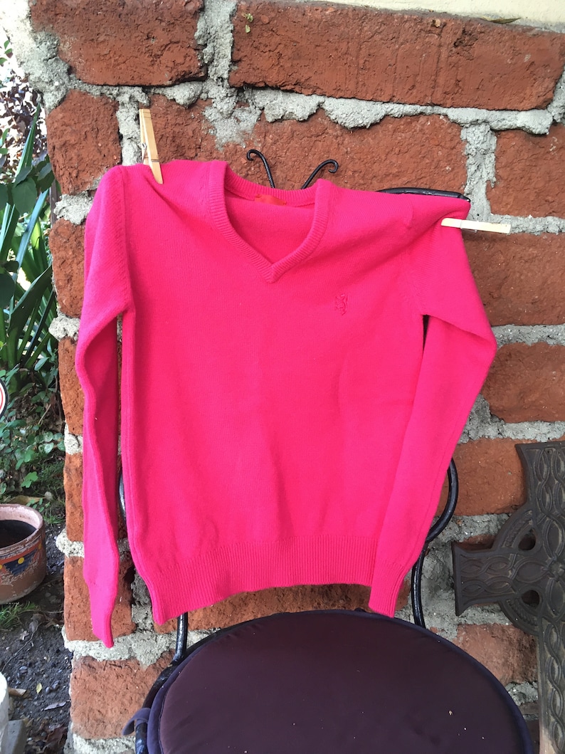 May include: A pink long-sleeved v-neck sweater with a small embroidered logo on the front.