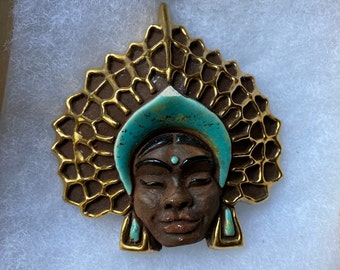 Rare Godfrey Houston 1950's Art Pottery Brooch - Meditating African Queen, Hindu Goddess, 2.5" length, 2" width,