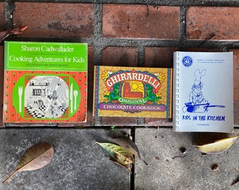 3 Vintage Cookbooks Good for Kids!! 1973 Kids in the Kitchen, 1991 Ghirardelli Chocolate Cookbook, 1974 Cooking Adventures for Kids,
