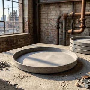 Peut inclure: Un plat circulaire en béton gris avec un bord bas et une base plate et lisse. La surface présente une texture naturelle et mate. Le texte 'URBAN CONCRETE DISH | THE 1366 SERIES HANDCRAFTED IN NEWARK' est imprimé dans le coin inférieur droit.