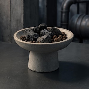 May include: A speckled, light grey pedestal bowl filled with dark grey and brown rocks. The bowl has a wide, shallow design and sits atop a short, cylindrical base. The rocks vary in size and texture, creating a natural, earthy aesthetic.