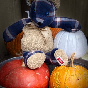 May include: A blue and white plaid teddy bear sitting on top of three pumpkins in a metal tub. The pumpkins are orange, red, and white. The teddy bear has blue eyes and a brown nose. The teddy bear is wearing a brown fur vest.