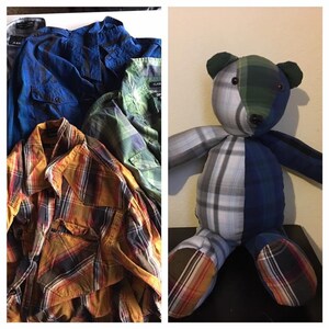 May include: A patchwork teddy bear made from repurposed plaid shirts. The bear is blue, green, and gray with a brown nose.