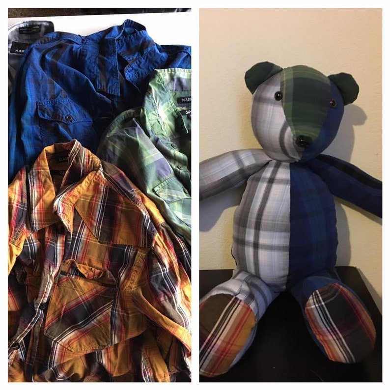 May include: A patchwork teddy bear made from repurposed plaid shirts. The bear is blue, green, and gray with a brown nose.