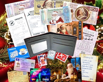 May include: A black bi-fold wallet surrounded by various novelty items including Bank of Reindeerland currency, a North Pole lottery ticket, a Frosta Coffee receipt, a Santa Claus flying license, a shopping list, and decorative stamps.