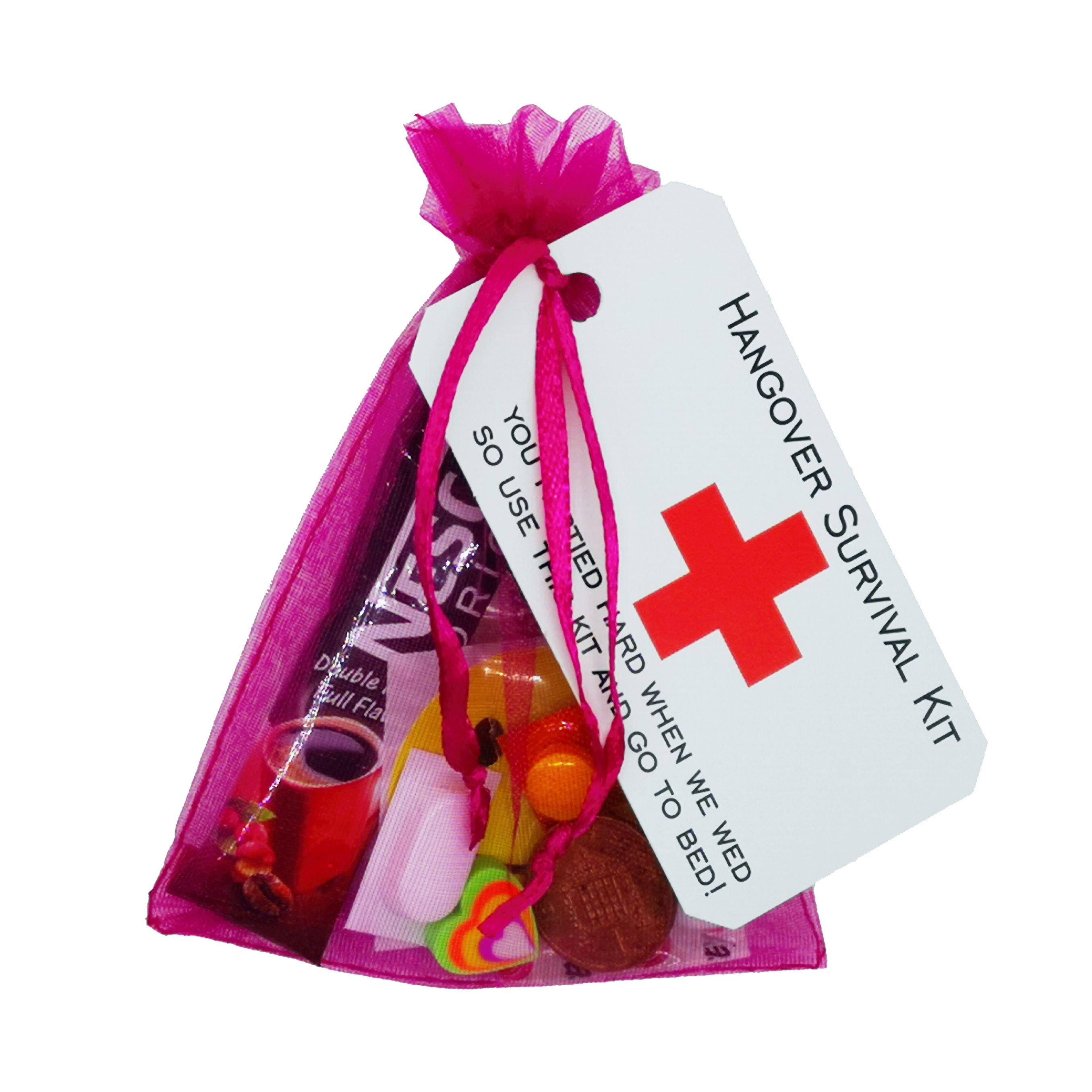 Personalised pre filled Hangover Survival Kit HOT PINK organza bags, …