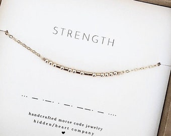 Strength Morse Code Necklace: 14K Gold Filled, Encouragement Gift