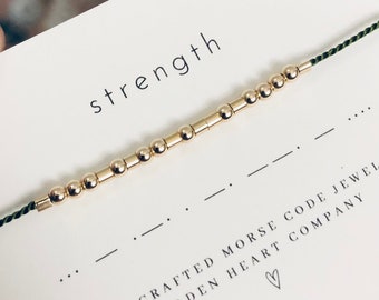 Strength Morse Code Bracelet: Gold Filled Sterling Silver Silk Cord