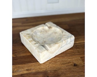 Vintage Mid Century Carved Alabaster Natural Stone 4" Square Heavy Thick Ashtray