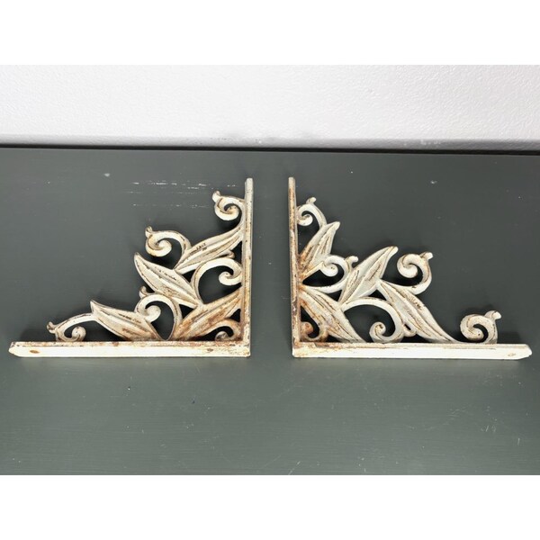 Pair Cast Iron Brackets Corbels Mounts White Rustic Shabby Architectural Cottage