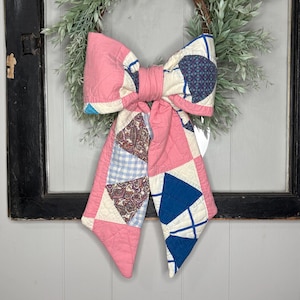 Vintage Quilt Wreath Bow Sash Cottage Core Antique Patchwork Pink Quilted Summer Spring Girl Gender Hospital Door Hanger
