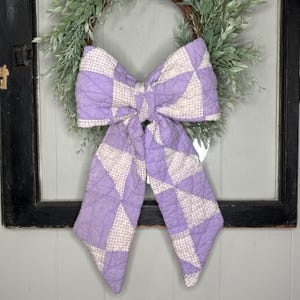 Purple Wreath Bow / Sash Made From Purple Lavender Patchwork Vintage Quilt | Door Hanger | Basket Bow