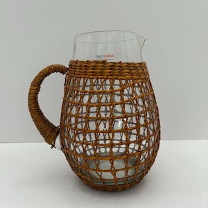 Amici Home Vintage Rattan Wrapped Glass Pitcher, Mid Century Modern MCM Boho Bar Cart