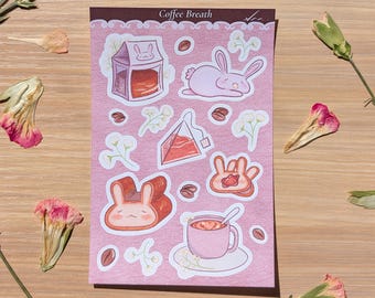 Cozy Coffee Breath Sticker Sheet (4x6 Paper Matte, Not Waterproof) | Kawaii Bunnies, Tea, Coffee Beans Journal Planner Decor Stickers