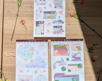 Spring Y2K Cottagecore Webcore Sticker Sheets (4x6 Paper Matte, Not Waterproof) | Clouds, Webcore Aesthetic, Flowers, Koi, Pond, Journal